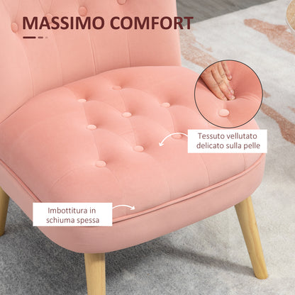 Armchair for Living Room and Dining Room with Padded Seat, Bedroom Armchair with Wooden Legs and Velvet Effect Fabric, 60x66x79 cm, Pink
