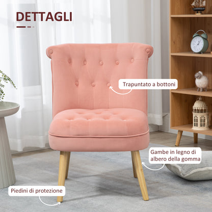 Armchair for Living Room and Dining Room with Padded Seat, Bedroom Armchair with Wooden Legs and Velvet Effect Fabric, 60x66x79 cm, Pink