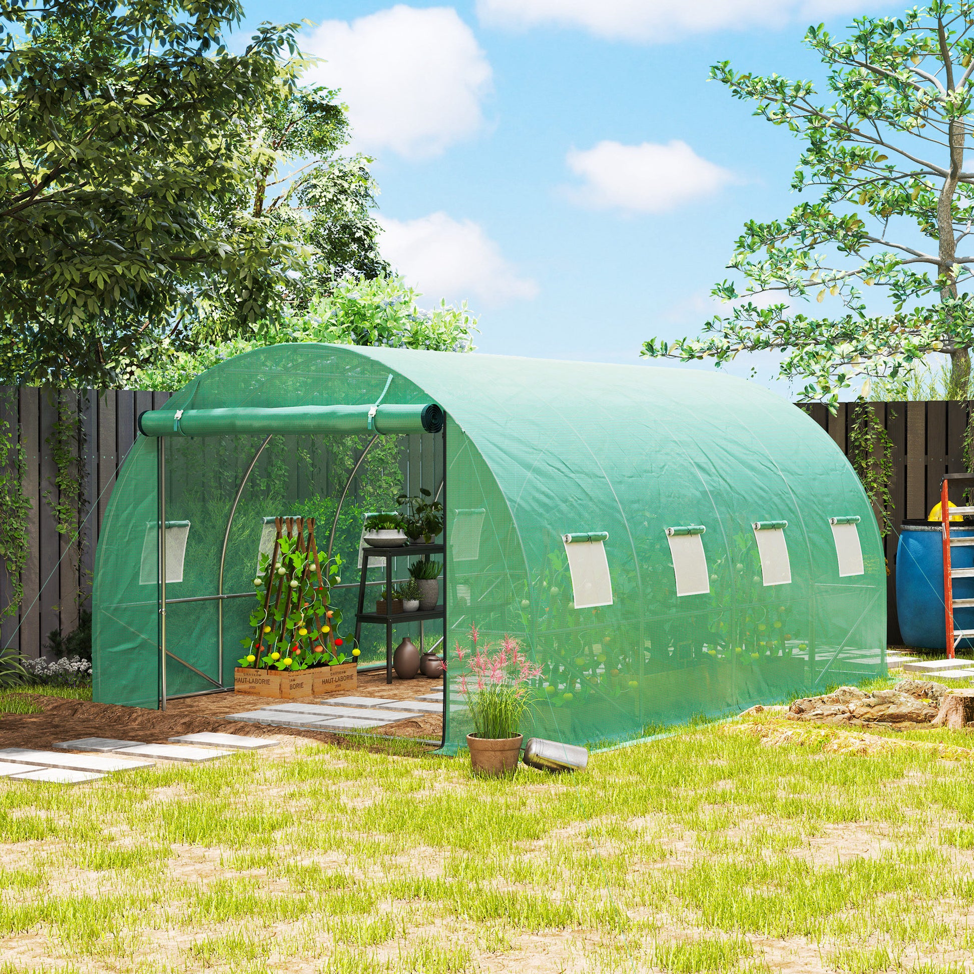 Greenhouse 300x400x200cm Foil Greenhouse Tomato House with Door, 8 Windows, Galvanized Steel Foil Tunnel, 170g/m² PE, Stable Plant Tunnel, Greenhouse incl. Ground Anchors & Ropes, Green