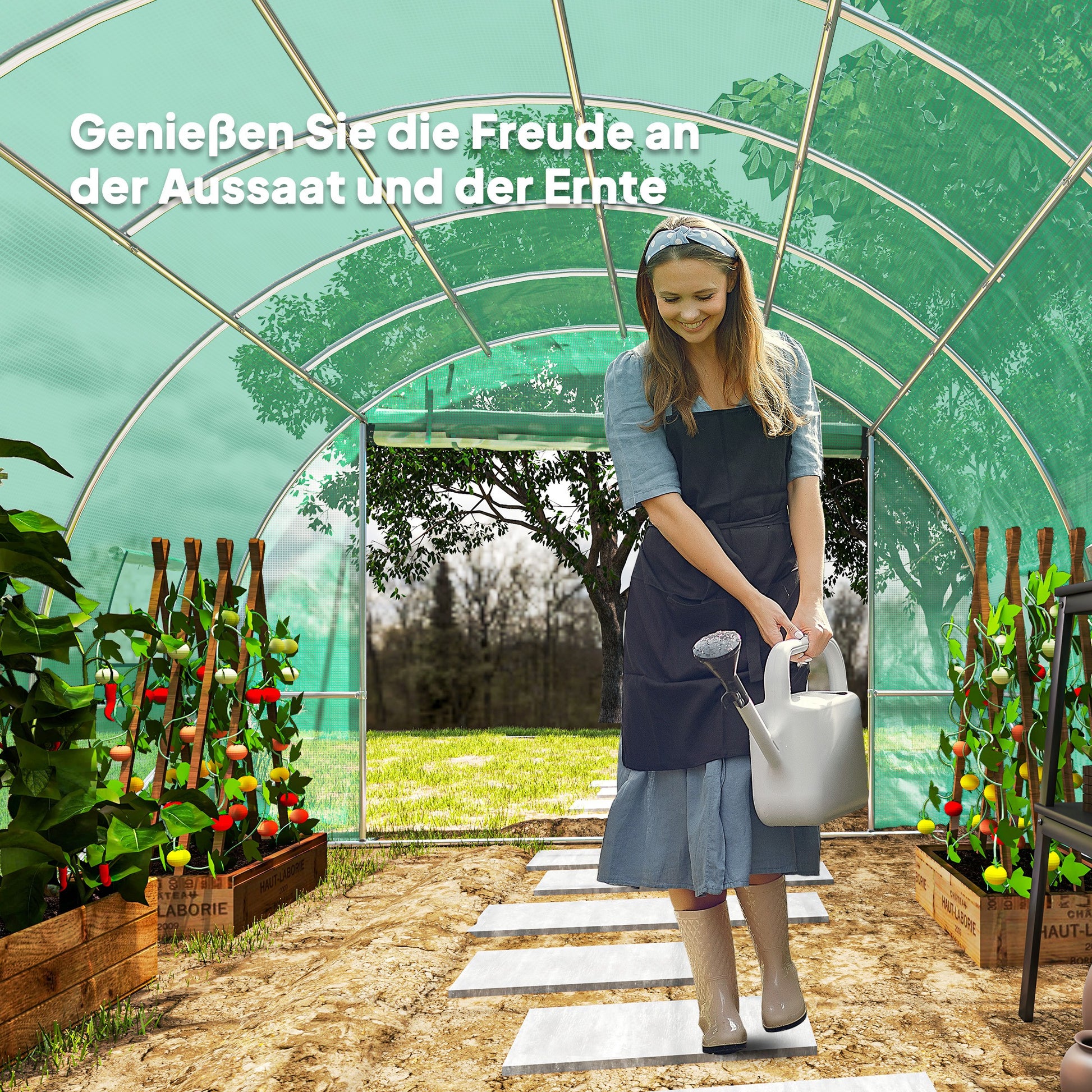 Greenhouse 300x400x200cm Foil Greenhouse Tomato House with Door, 8 Windows, Galvanized Steel Foil Tunnel, 170g/m² PE, Stable Plant Tunnel, Greenhouse incl. Ground Anchors & Ropes, Green
