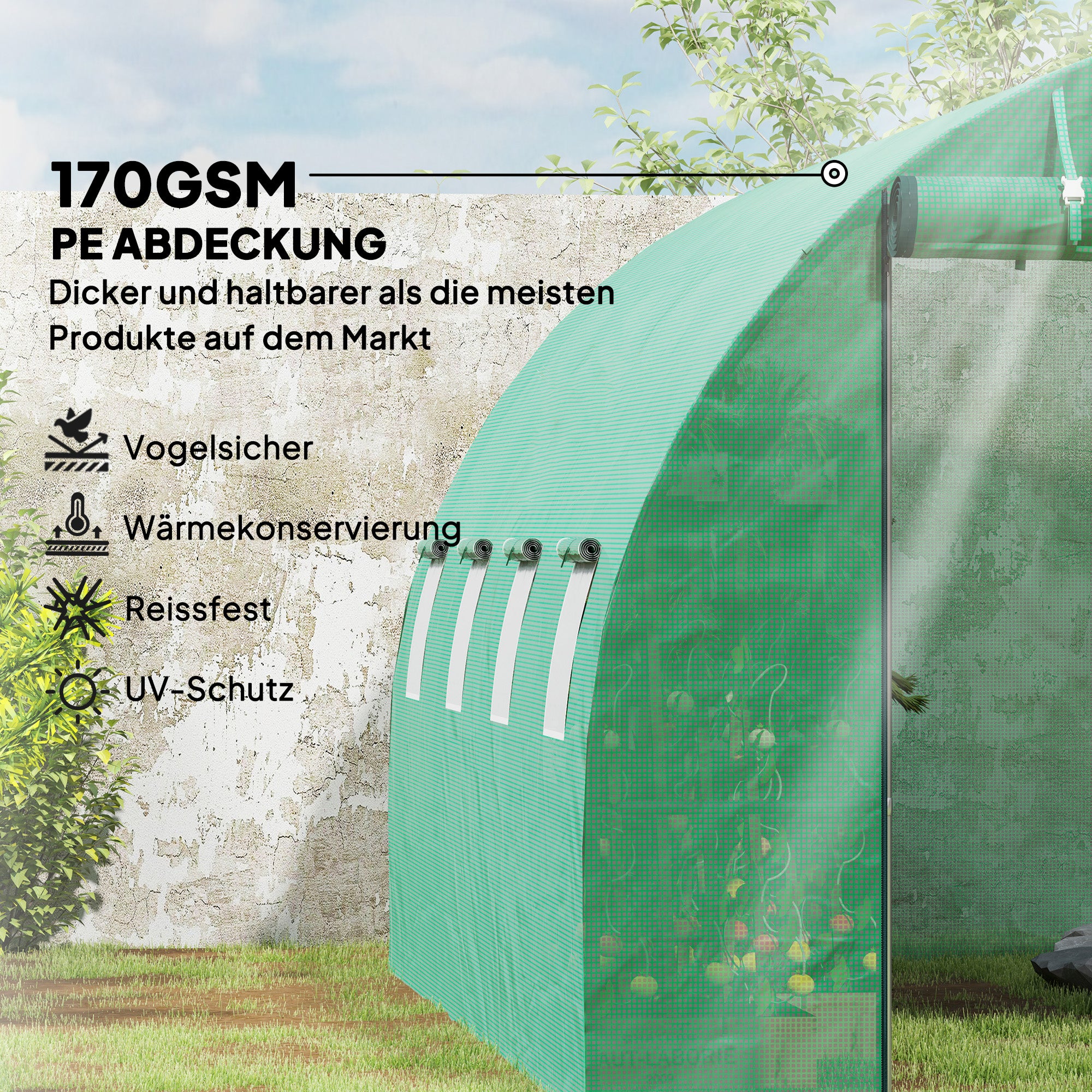 Greenhouse 300x400x200cm Foil Greenhouse Tomato House with Door, 8 Windows, Galvanized Steel Foil Tunnel, 170g/m² PE, Stable Plant Tunnel, Greenhouse incl. Ground Anchors & Ropes, Green