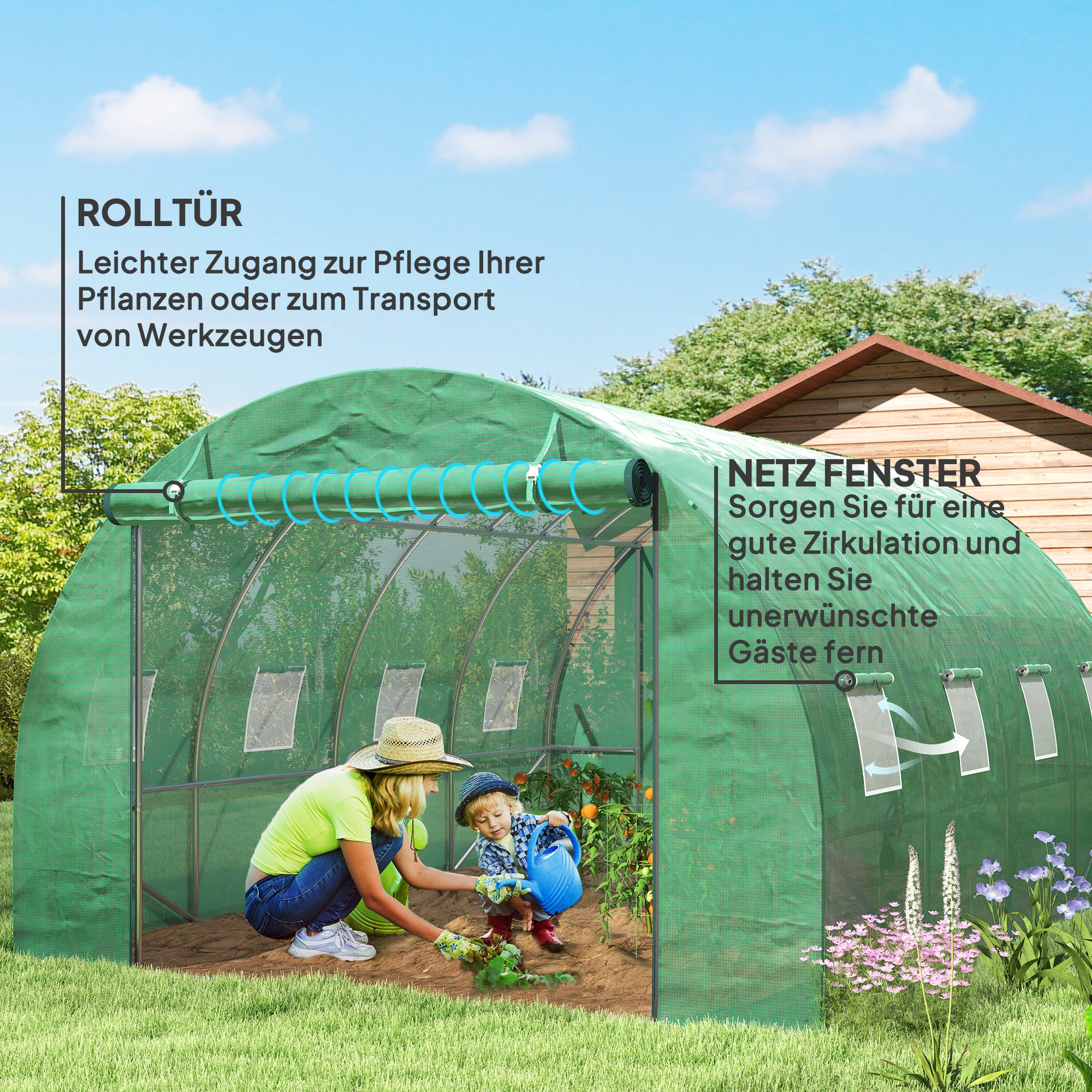 Greenhouse 300x400x200cm Foil Greenhouse Tomato House with Door, 8 Windows, Galvanized Steel Foil Tunnel, 170g/m² PE, Stable Plant Tunnel, Greenhouse incl. Ground Anchors & Ropes, Green