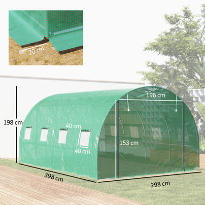 Greenhouse 300x400x200cm Foil Greenhouse Tomato House with Door, 8 Windows, Galvanized Steel Foil Tunnel, 170g/m² PE, Stable Plant Tunnel, Greenhouse incl. Ground Anchors & Ropes, Green