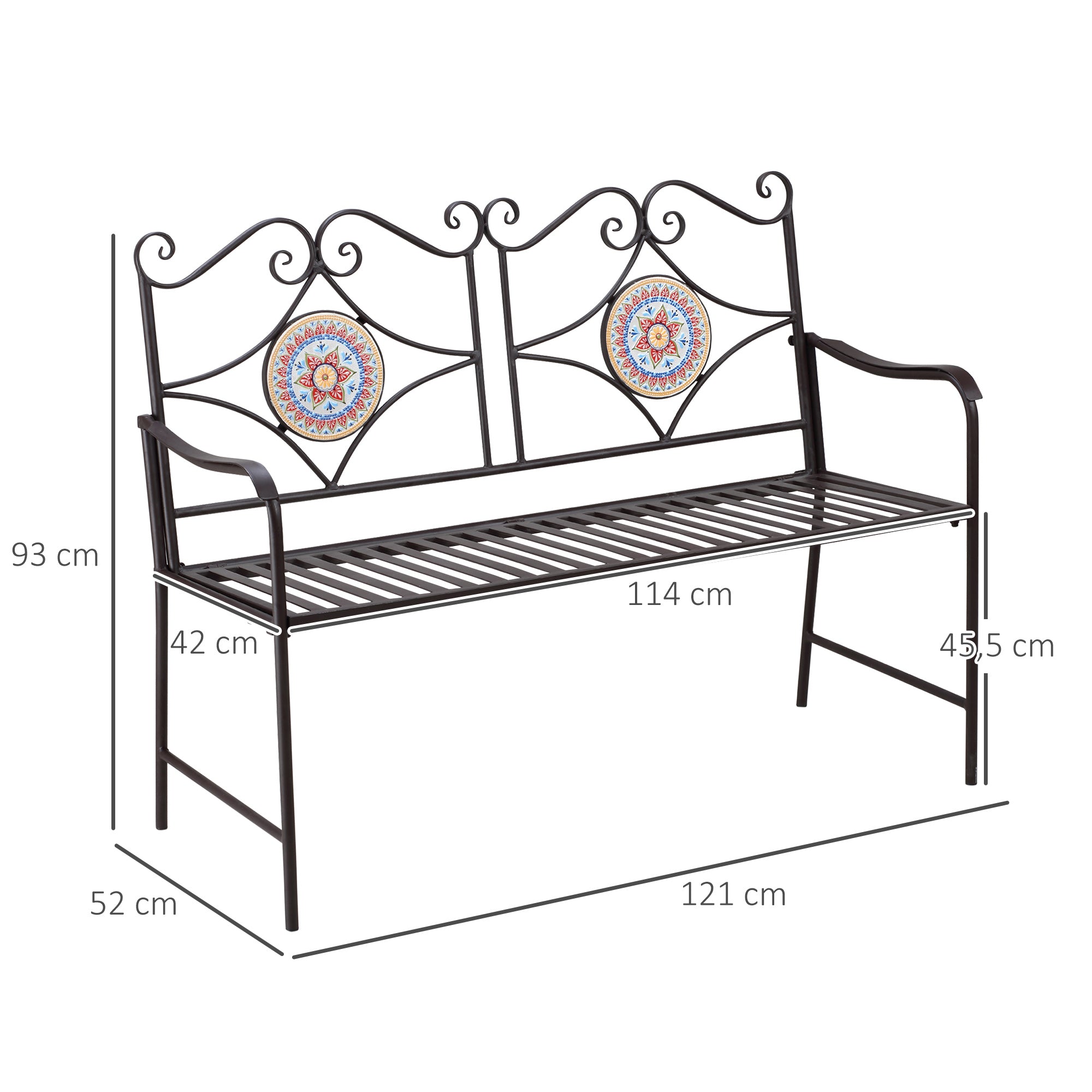 Metal Garden Bench, 2-Seater Park Bench with Backrest, Armrest, Bench with Mosaic Stones for Garden, Balcony, max. 220 kg, Brown, 121 x 52 x 93 cm