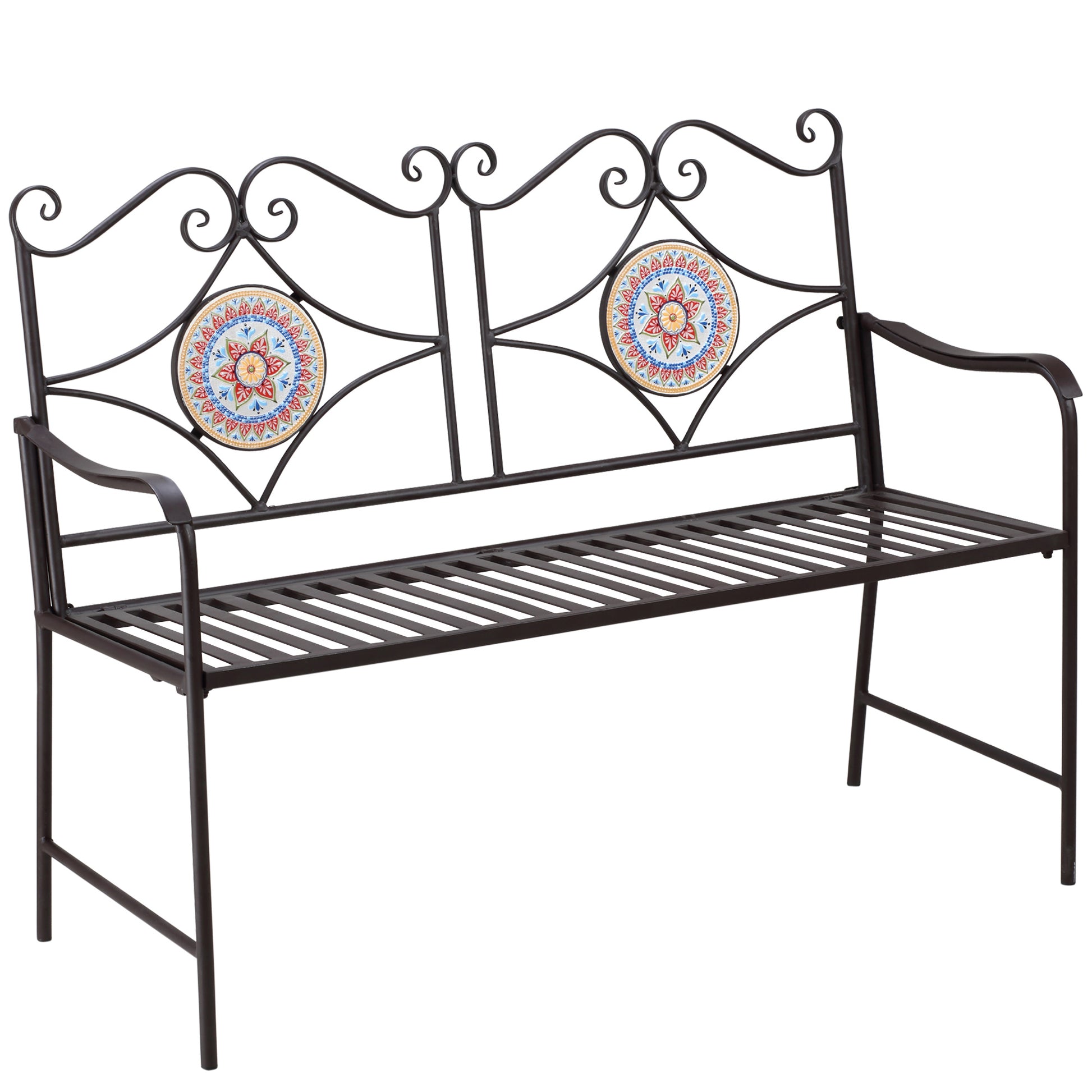 Metal Garden Bench, 2-Seater Park Bench with Backrest, Armrest, Bench with Mosaic Stones for Garden, Balcony, max. 220 kg, Brown, 121 x 52 x 93 cm