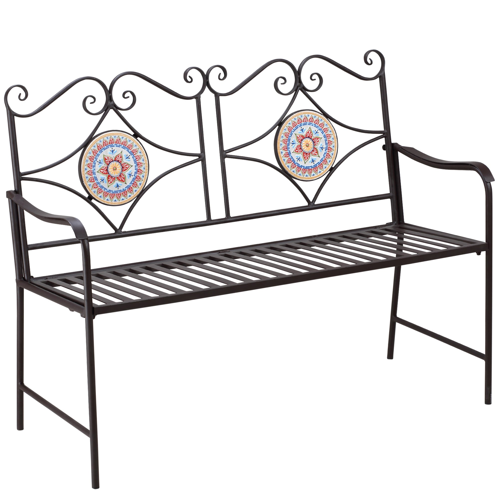 Metal Garden Bench, 2-Seater Park Bench with Backrest, Armrest, Bench with Mosaic Stones for Garden, Balcony, max. 220 kg, Brown, 121 x 52 x 93 cm