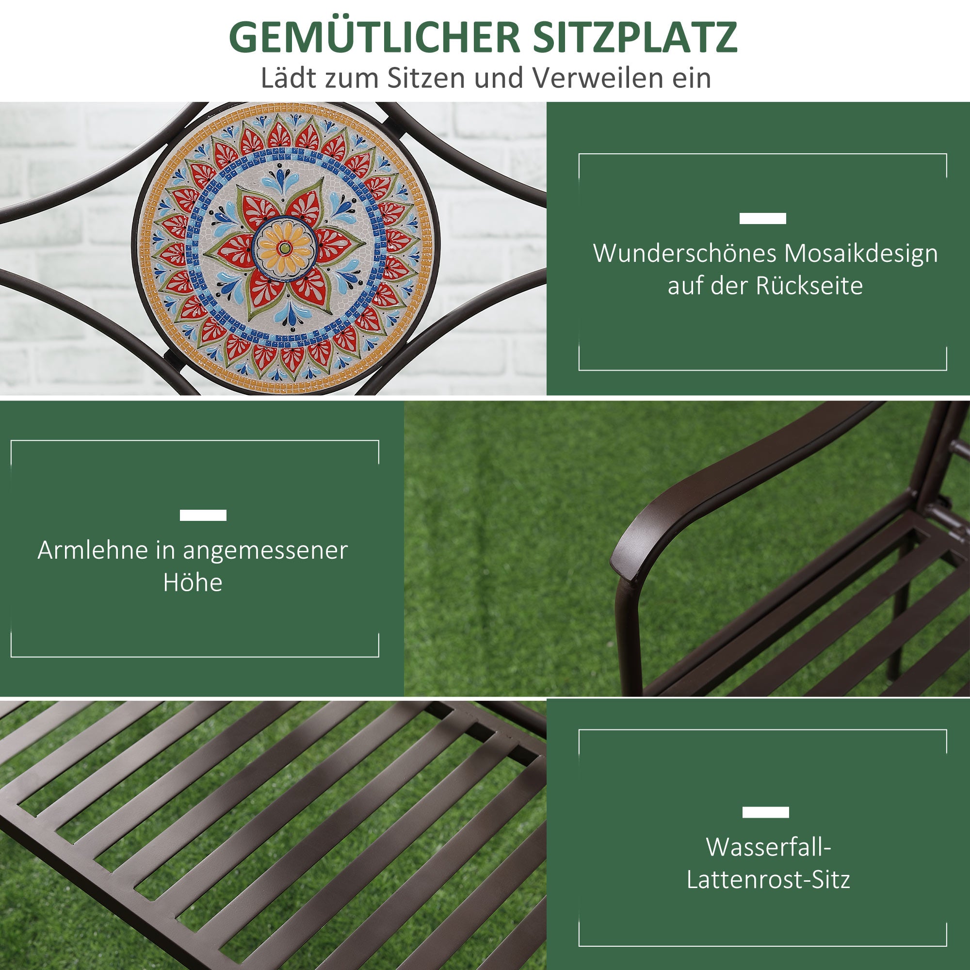 Metal Garden Bench, 2-Seater Park Bench with Backrest, Armrest, Bench with Mosaic Stones for Garden, Balcony, max. 220 kg, Brown, 121 x 52 x 93 cm