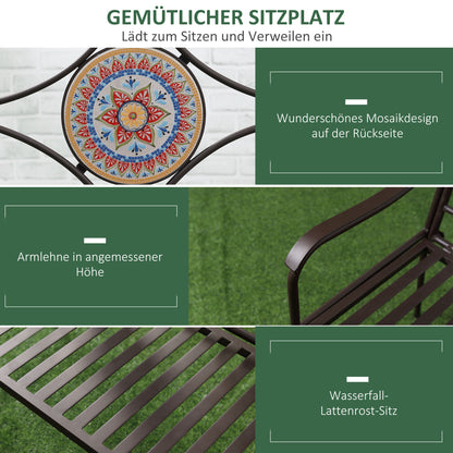 Metal Garden Bench, 2-Seater Park Bench with Backrest, Armrest, Bench with Mosaic Stones for Garden, Balcony, max. 220 kg, Brown, 121 x 52 x 93 cm