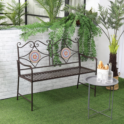 Metal Garden Bench, 2-Seater Park Bench with Backrest, Armrest, Bench with Mosaic Stones for Garden, Balcony, max. 220 kg, Brown, 121 x 52 x 93 cm