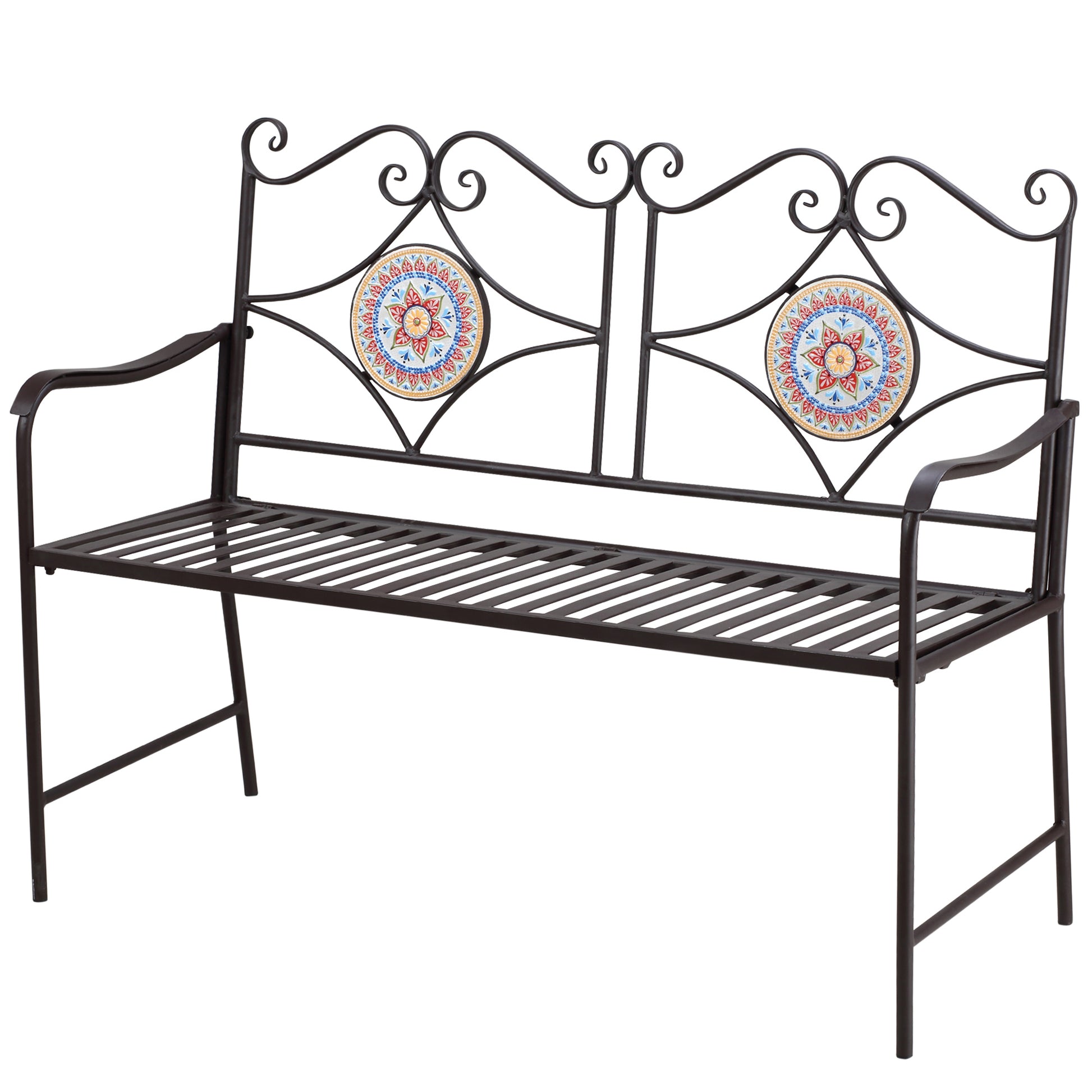 Metal Garden Bench, 2-Seater Park Bench with Backrest, Armrest, Bench with Mosaic Stones for Garden, Balcony, max. 220 kg, Brown, 121 x 52 x 93 cm