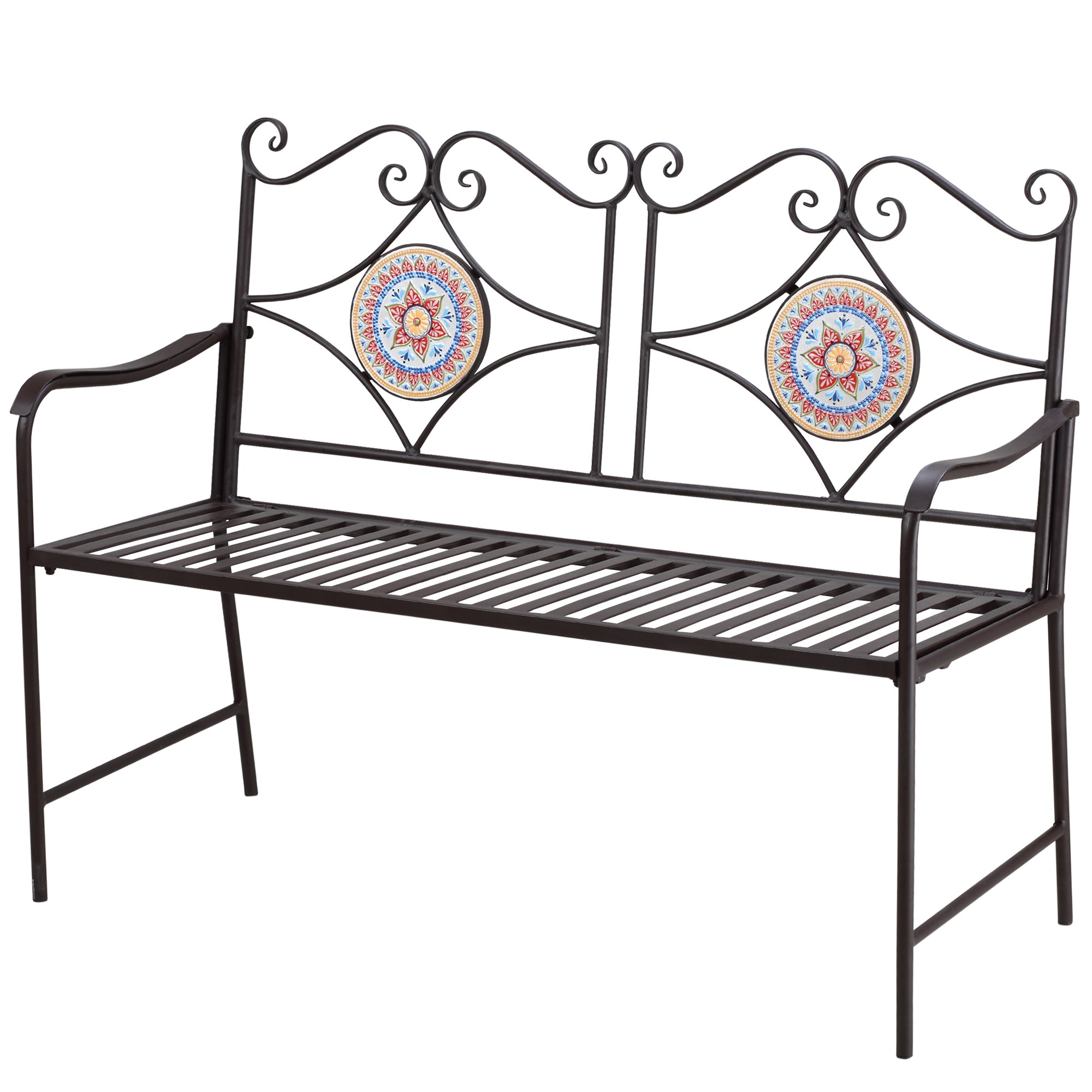 Metal Garden Bench, 2-Seater Park Bench with Backrest, Armrest, Bench with Mosaic Stones for Garden, Balcony, max. 220 kg, Brown, 121 x 52 x 93 cm