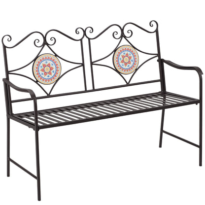 Metal Garden Bench, 2-Seater Park Bench with Backrest, Armrest, Bench with Mosaic Stones for Garden, Balcony, max. 220 kg, Brown, 121 x 52 x 93 cm