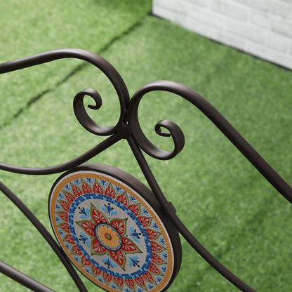 Metal Garden Bench, 2-Seater Park Bench with Backrest, Armrest, Bench with Mosaic Stones for Garden, Balcony, max. 220 kg, Brown, 121 x 52 x 93 cm