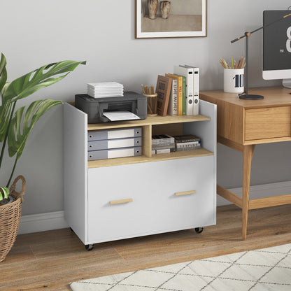 Office Drawer Cabinet Filing Cabinet Mobile Desk Drawer with Wheels Hanging Bars for A4 Size and 2 Compartments for Study Room 76x40x75.5 cm Oak and White