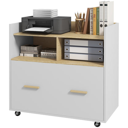 Office Drawer Cabinet Filing Cabinet Mobile Desk Drawer with Wheels Hanging Bars for A4 Size and 2 Compartments for Study Room 76x40x75.5 cm Oak and White