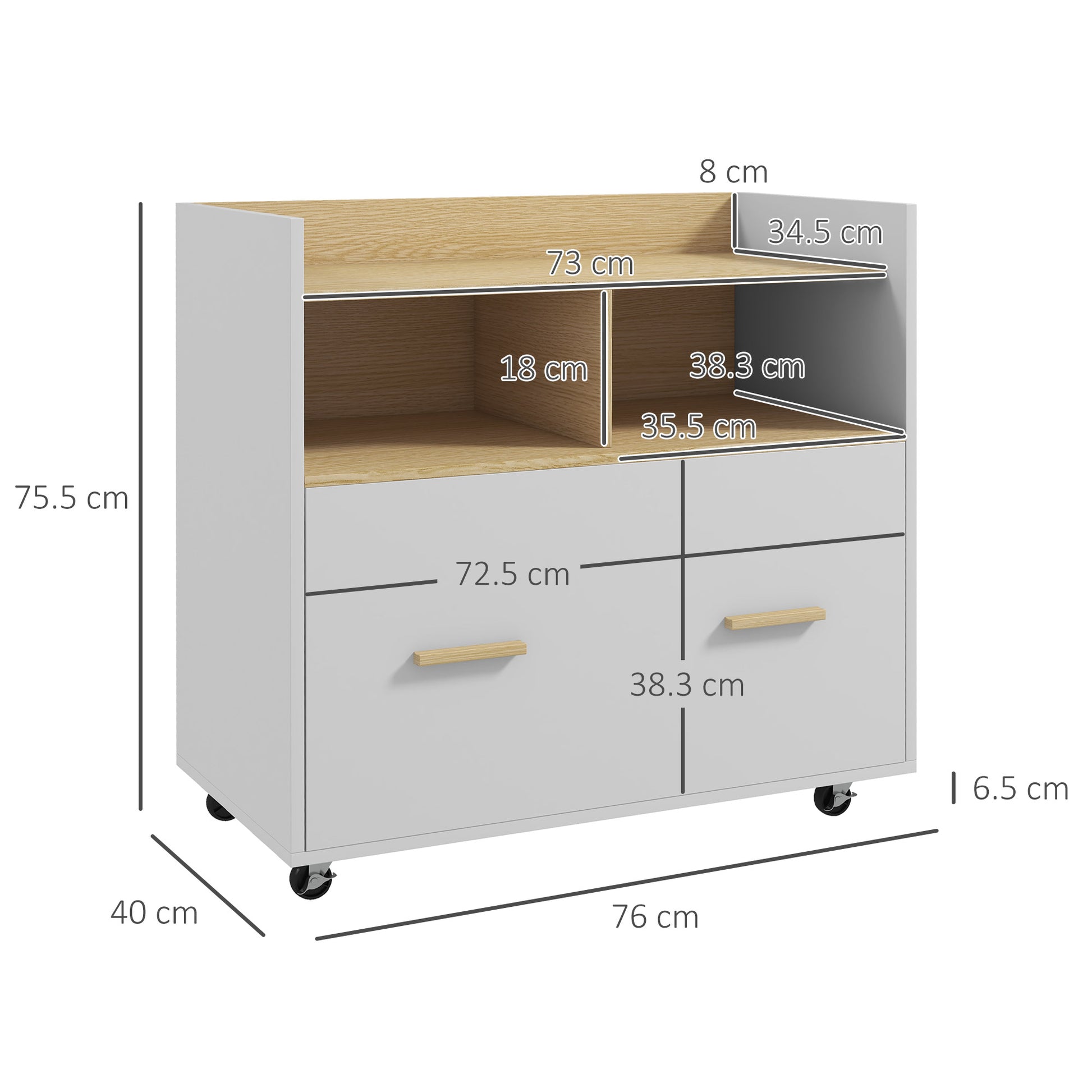 Office Drawer Cabinet Filing Cabinet Mobile Desk Drawer with Wheels Hanging Bars for A4 Size and 2 Compartments for Study Room 76x40x75.5 cm Oak and White