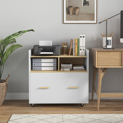Office Drawer Cabinet Filing Cabinet Mobile Desk Drawer with Wheels Hanging Bars for A4 Size and 2 Compartments for Study Room 76x40x75.5 cm Oak and White