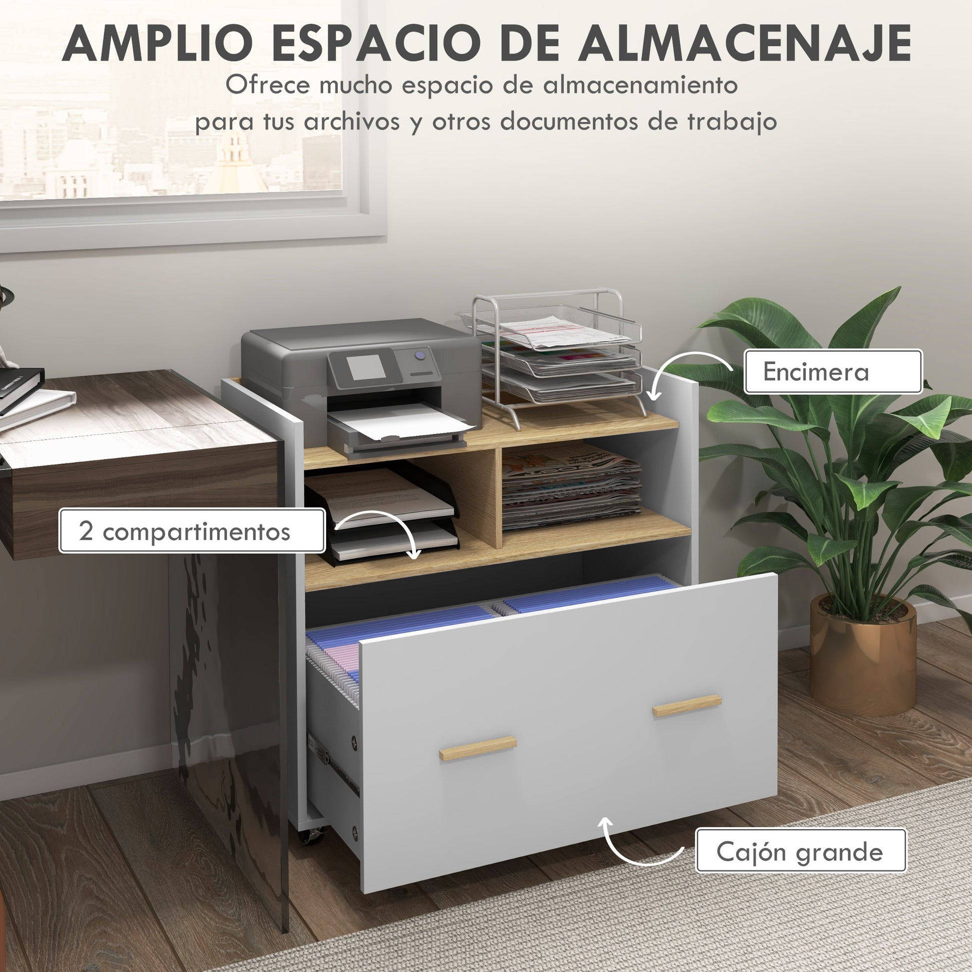 Office Drawer Cabinet Filing Cabinet Mobile Desk Drawer with Wheels Hanging Bars for A4 Size and 2 Compartments for Study Room 76x40x75.5 cm Oak and White