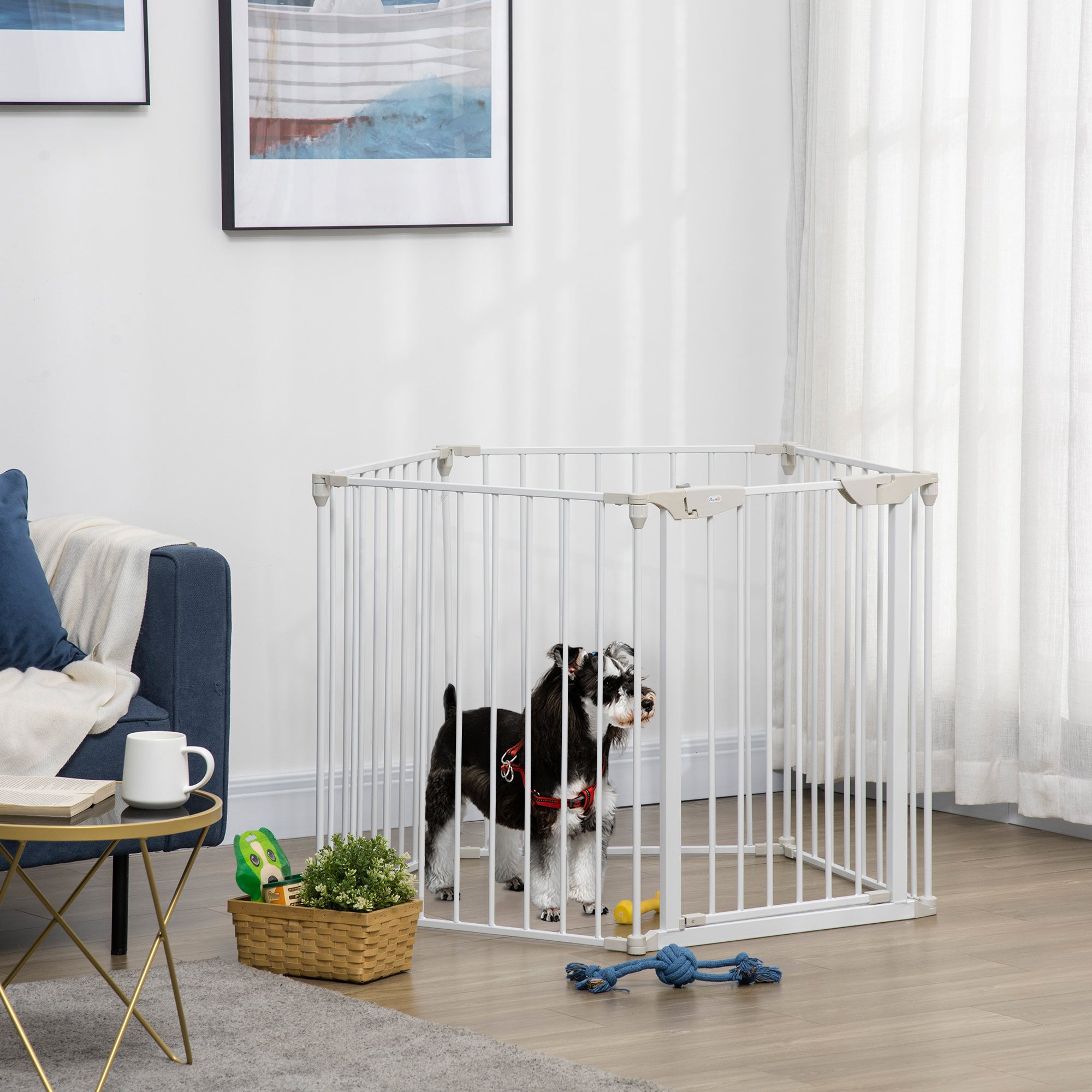 Foldable Dog Barrier 300x74.5 cm Pet Fence with Automatic Lock Safety Gate for Stairs Hallway White