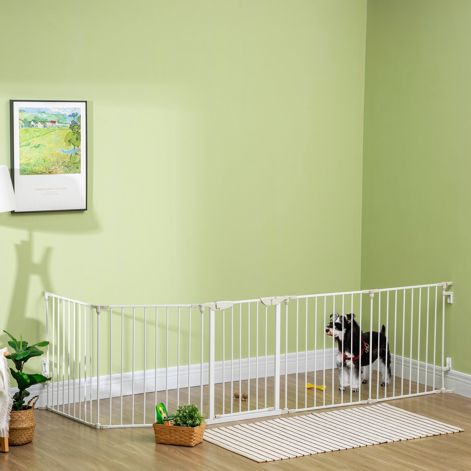 Foldable Dog Barrier 300x74.5 cm Pet Fence with Automatic Lock Safety Gate for Stairs Hallway White