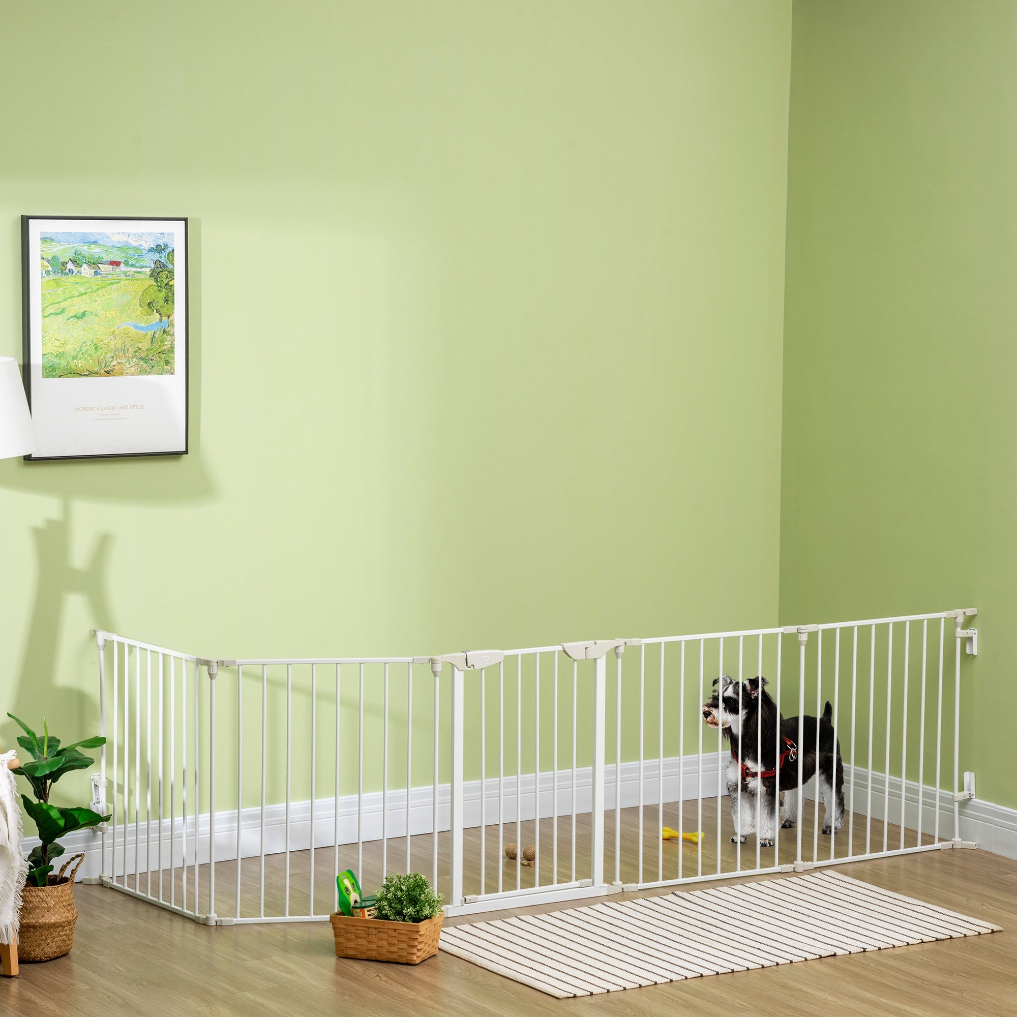 Foldable Dog Barrier 300x74.5 cm Pet Fence with Automatic Lock Safety Gate for Stairs Hallway White