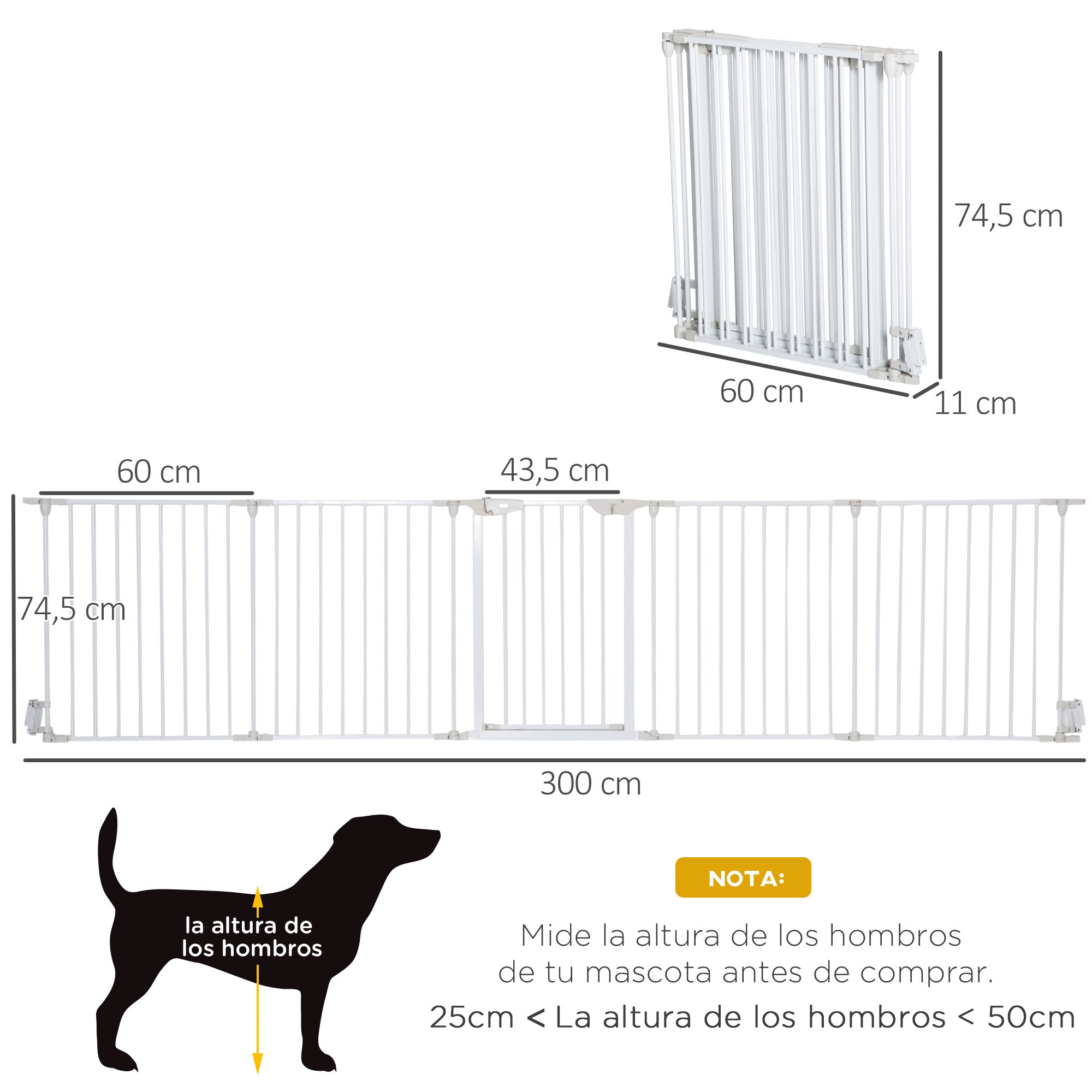 Foldable Dog Barrier 300x74.5 cm Pet Fence with Automatic Lock Safety Gate for Stairs Hallway White