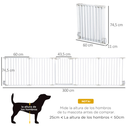 Foldable Dog Barrier 300x74.5 cm Pet Fence with Automatic Lock Safety Gate for Stairs Hallway White