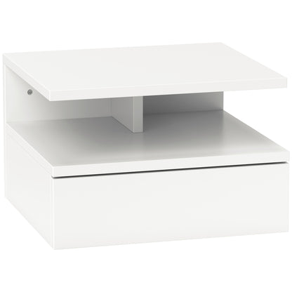 Wall-Mounted Bedside Table, Modern Bedroom Nightstand, with Drawer and Upper Shelf in Wood, 35x32x22.5cm, White