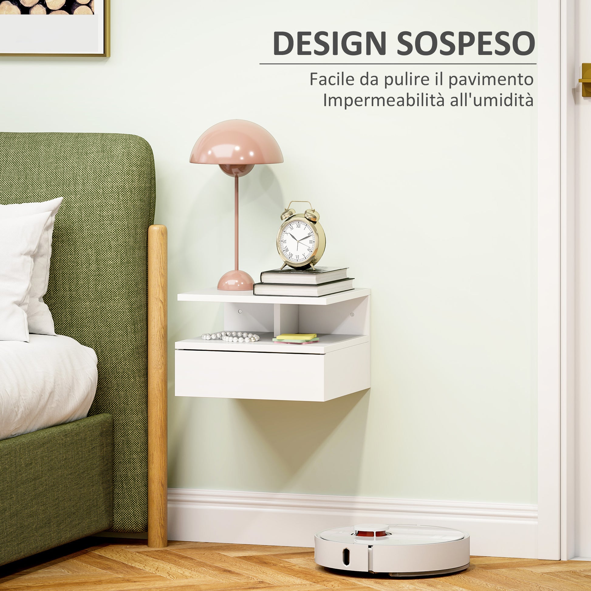 Wall-Mounted Bedside Table, Modern Bedroom Nightstand, with Drawer and Upper Shelf in Wood, 35x32x22.5cm, White