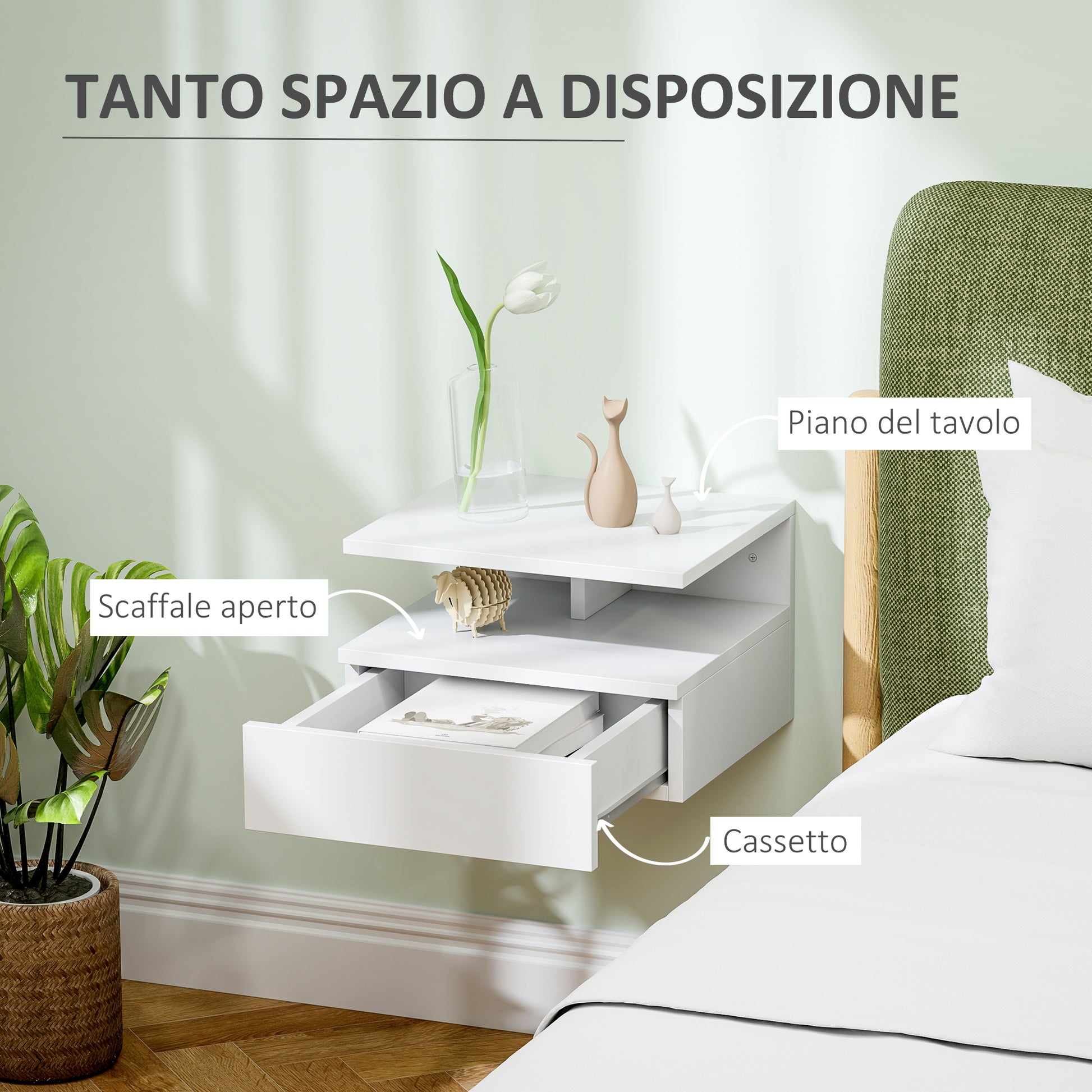 Wall-Mounted Bedside Table, Modern Bedroom Nightstand, with Drawer and Upper Shelf in Wood, 35x32x22.5cm, White