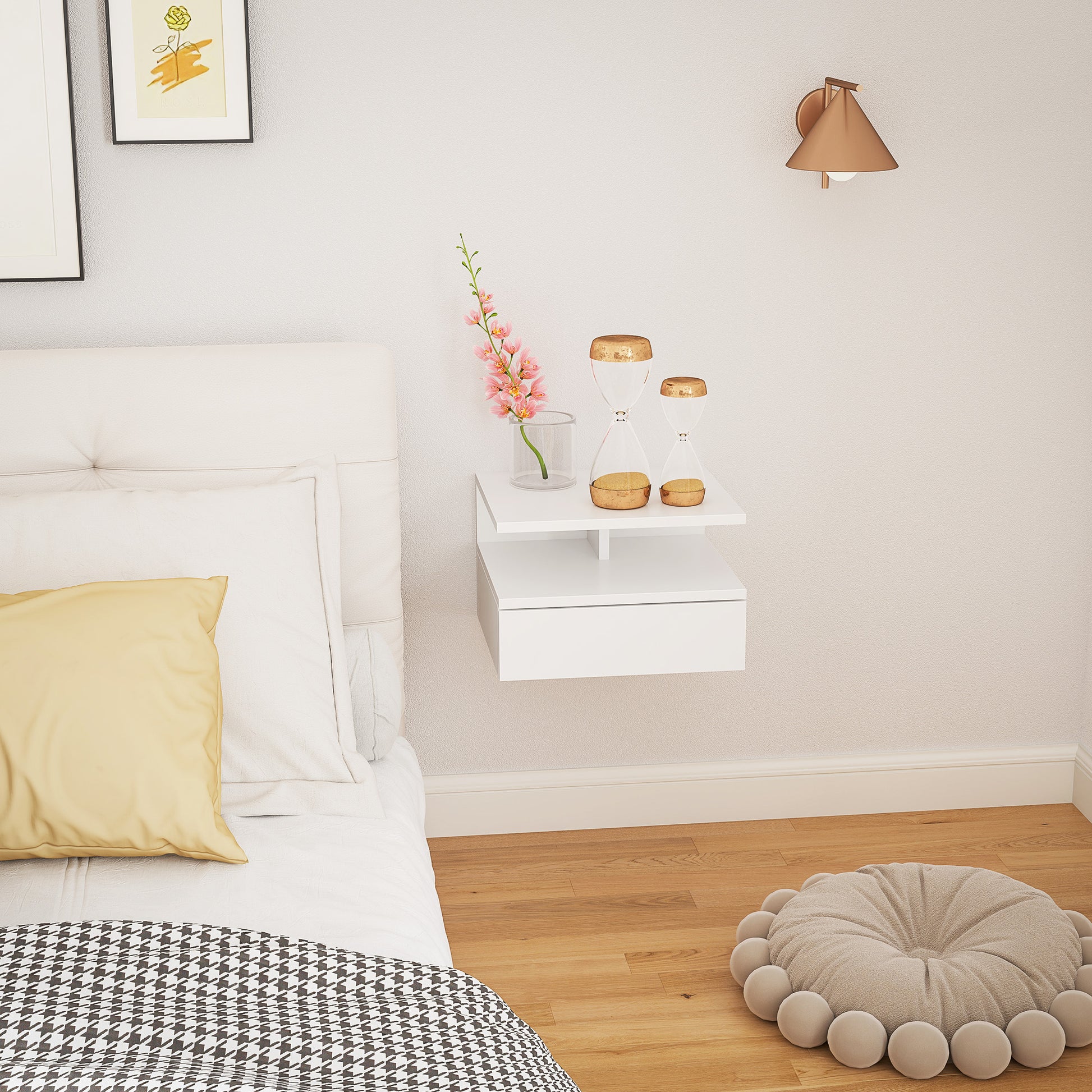 Wall-Mounted Bedside Table, Modern Bedroom Nightstand, with Drawer and Upper Shelf in Wood, 35x32x22.5cm, White