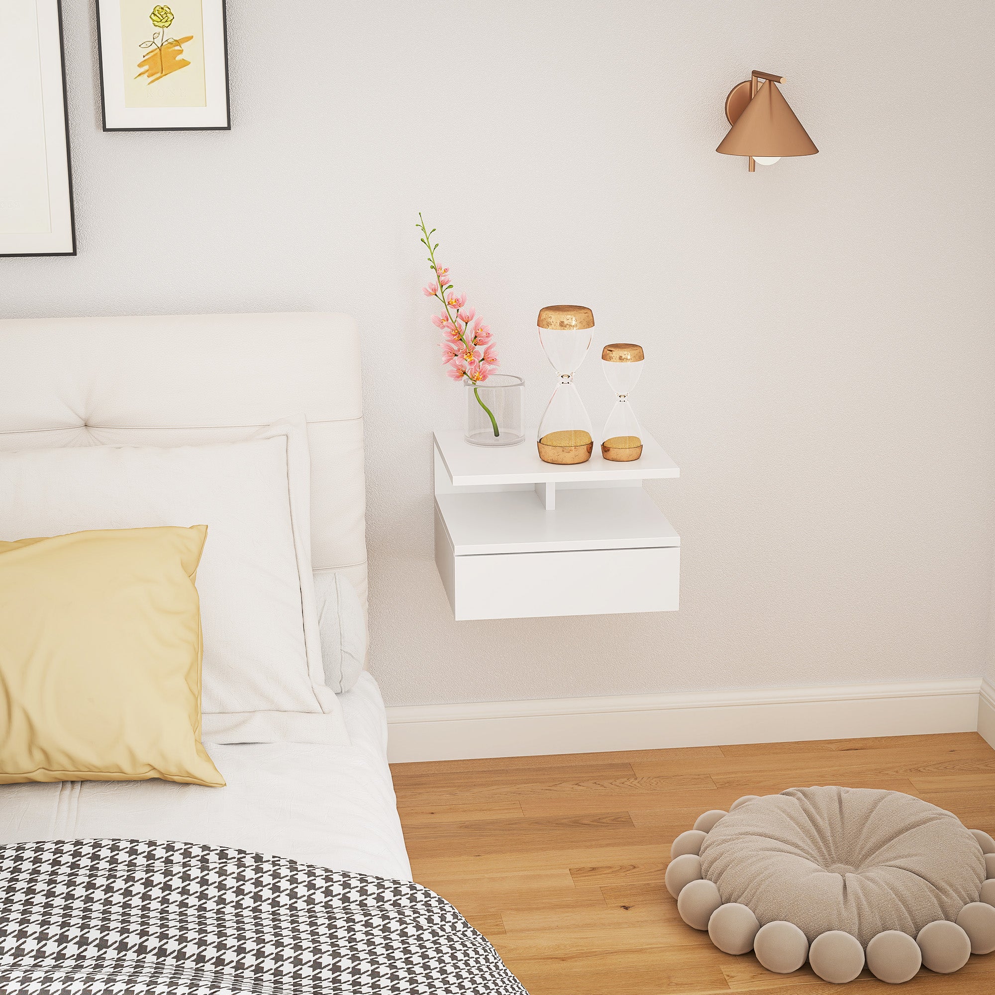 Wall-Mounted Bedside Table, Modern Bedroom Nightstand, with Drawer and Upper Shelf in Wood, 35x32x22.5cm, White