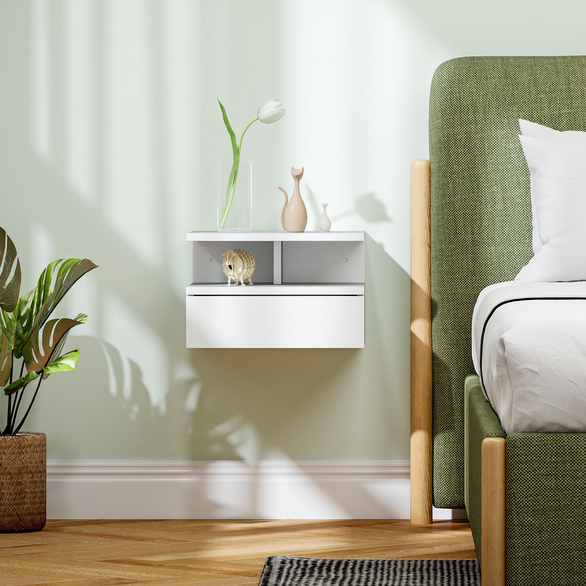 Wall-Mounted Bedside Table, Modern Bedroom Nightstand, with Drawer and Upper Shelf in Wood, 35x32x22.5cm, White