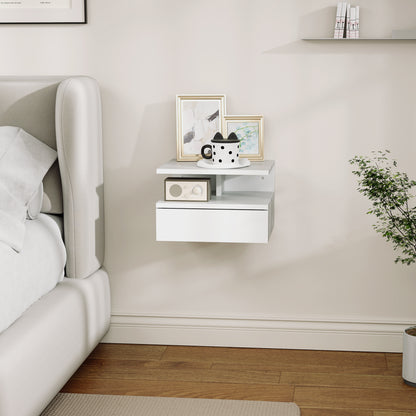 Wall-Mounted Bedside Table, Modern Bedroom Nightstand, with Drawer and Upper Shelf in Wood, 35x32x22.5cm, White