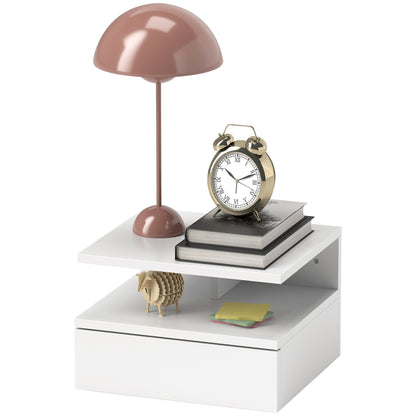 Wall-Mounted Bedside Table, Modern Bedroom Nightstand, with Drawer and Upper Shelf in Wood, 35x32x22.5cm, White