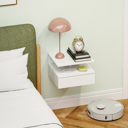 Wall-Mounted Bedside Table, Modern Bedroom Nightstand, with Drawer and Upper Shelf in Wood, 35x32x22.5cm, White