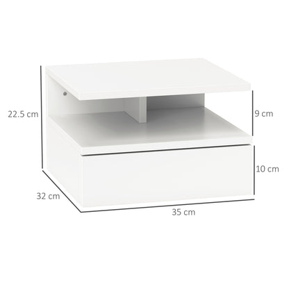 Wall-Mounted Bedside Table, Modern Bedroom Nightstand, with Drawer and Upper Shelf in Wood, 35x32x22.5cm, White