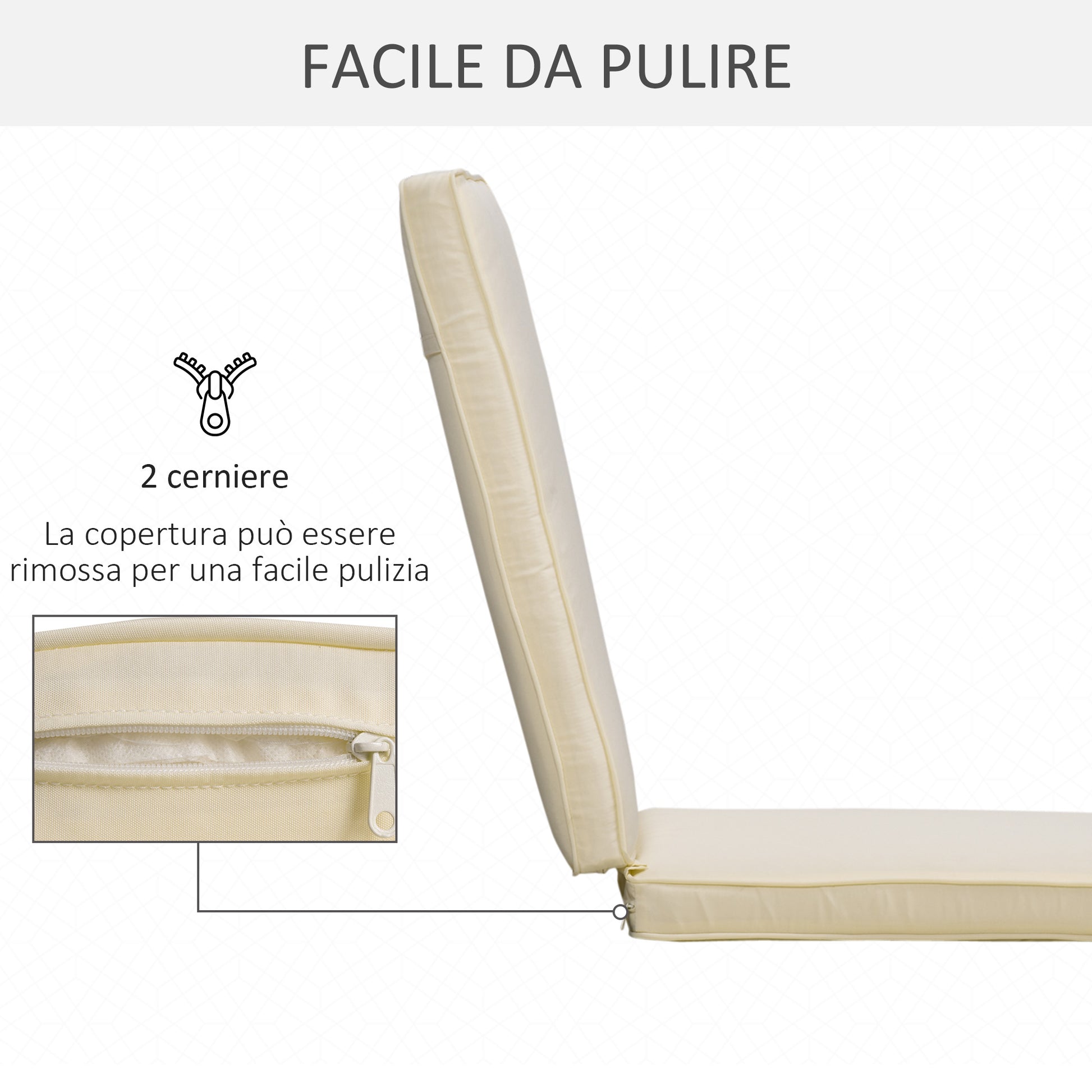 Sun Lounger Cushion with Removable Polyester Cover, 188x53x8cm, Cream White
