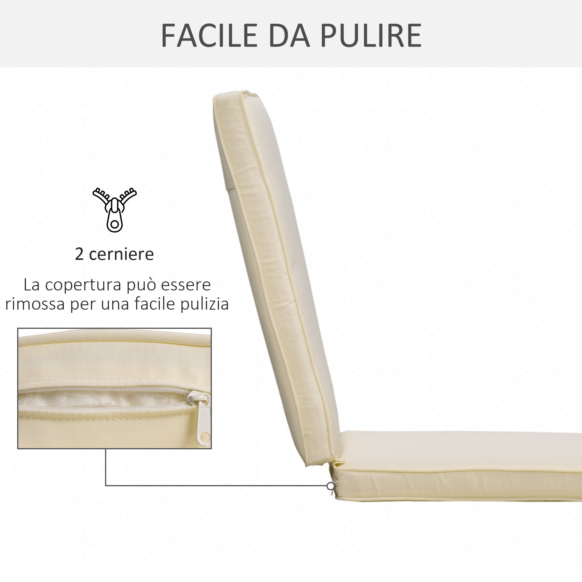 Sun Lounger Cushion with Removable Polyester Cover, 188x53x8cm, Cream White