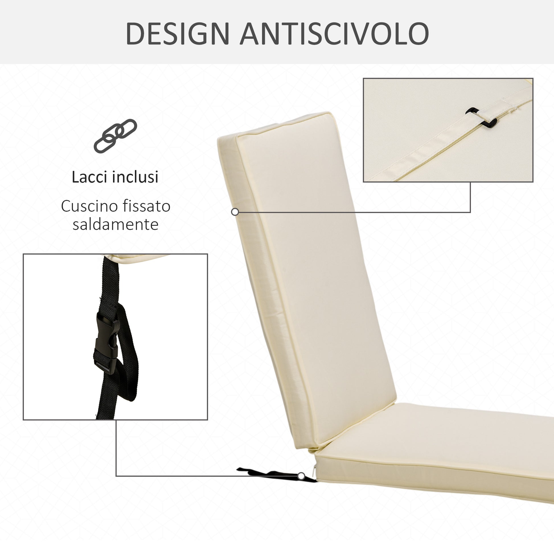 Sun Lounger Cushion with Removable Polyester Cover, 188x53x8cm, Cream White
