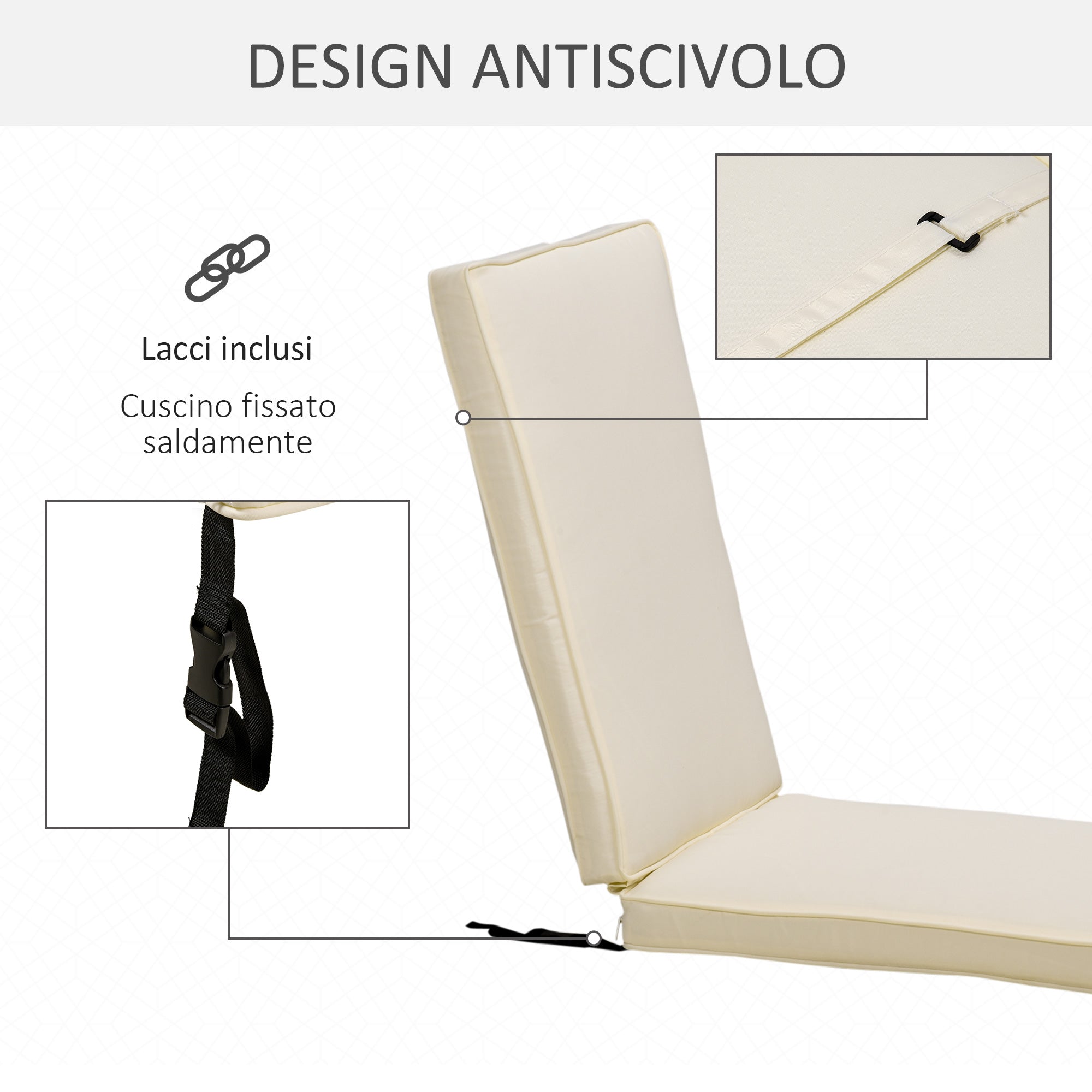 Sun Lounger Cushion with Removable Polyester Cover, 188x53x8cm, Cream White