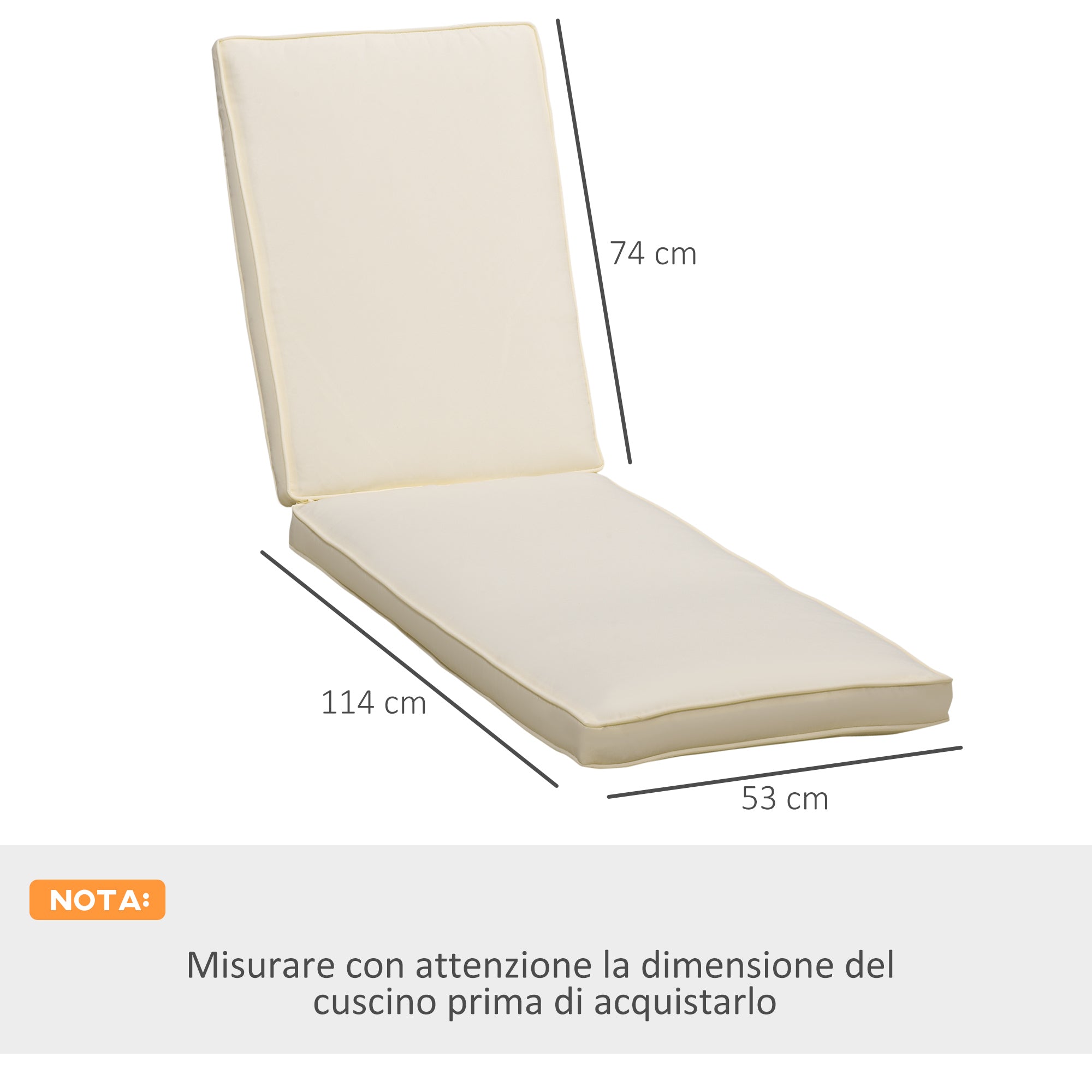 Sun Lounger Cushion with Removable Polyester Cover, 188x53x8cm, Cream White