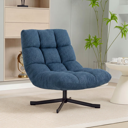 Armless Swivel Lounge Chair — Wide Chenille Seat, Steel Base, Dark Blue