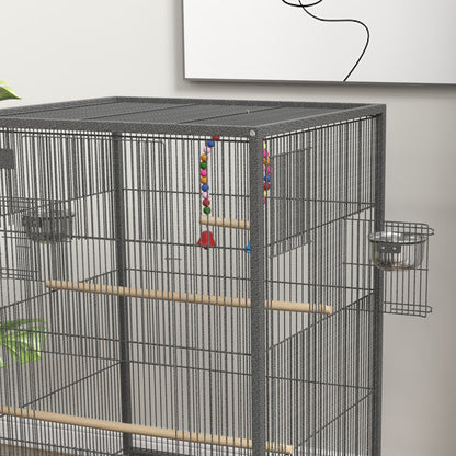 Bird Cage with Wheels Steel Birdhouse with Feeders Perches Swing Shelf Bowls and Removable Tray Large Cage for Parrots Canary Budgie 48x64x74 cm Gray