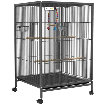 Bird Cage with Wheels Steel Birdhouse with Feeders Perches Swing Shelf Bowls and Removable Tray Large Cage for Parrots Canary Budgie 48x64x74 cm Gray
