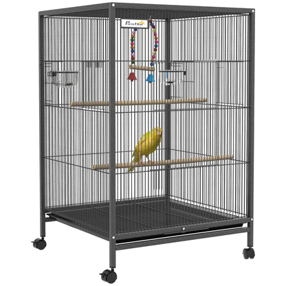 Bird Cage with Wheels Steel Birdhouse with Feeders Perches Swing Shelf Bowls and Removable Tray Large Cage for Parrots Canary Budgie 48x64x74 cm Gray