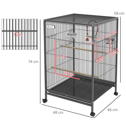 Bird Cage with Wheels Steel Birdhouse with Feeders Perches Swing Shelf Bowls and Removable Tray Large Cage for Parrots Canary Budgie 48x64x74 cm Gray