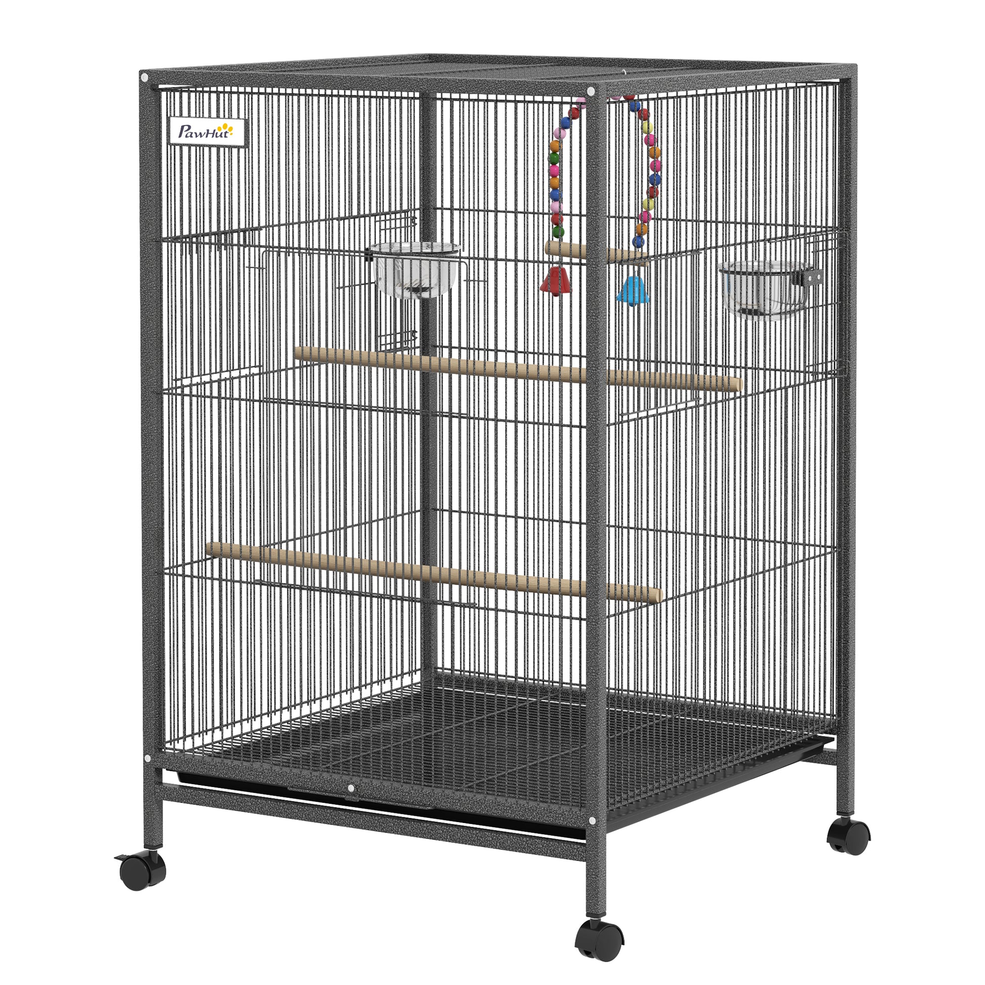Bird Cage with Wheels Steel Birdhouse with Feeders Perches Swing Shelf Bowls and Removable Tray Large Cage for Parrots Canary Budgie 48x64x74 cm Gray