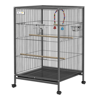 Bird Cage with Wheels Steel Birdhouse with Feeders Perches Swing Shelf Bowls and Removable Tray Large Cage for Parrots Canary Budgie 48x64x74 cm Gray