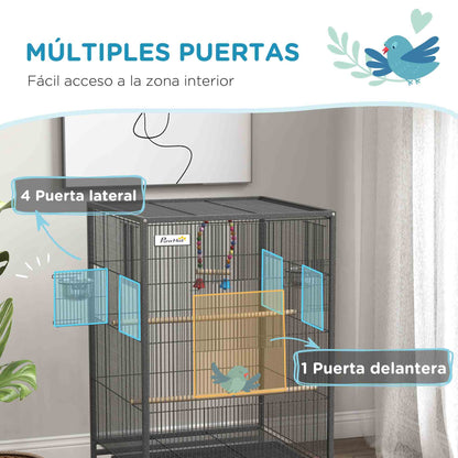 Bird Cage with Wheels Steel Birdhouse with Feeders Perches Swing Shelf Bowls and Removable Tray Large Cage for Parrots Canary Budgie 48x64x74 cm Gray